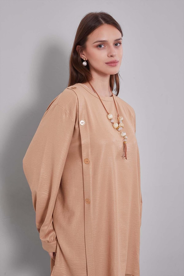 LevidorK.Bej Bisiklet Yaka Düğme Detaylı İkili Takım