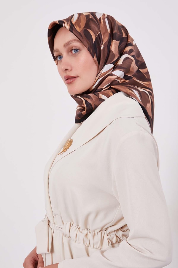 LevidorK.Kahve Ebruli Desen Twill İpek Eşarp