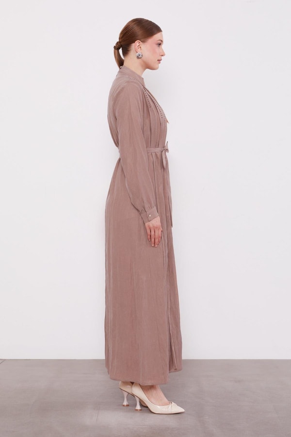 LevidorKahve Bel Bağlamalı Pile Detaylı Cupra Elbise