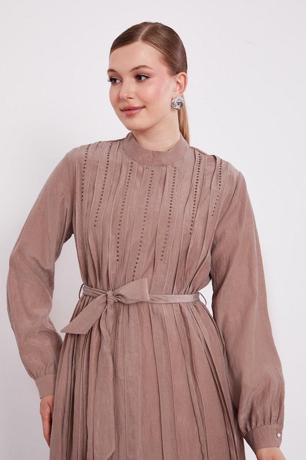 LevidorKahve Bel Bağlamalı Pile Detaylı Cupra Elbise