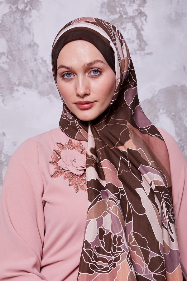 LevidorKahve Çiçek Desen Royal Şal