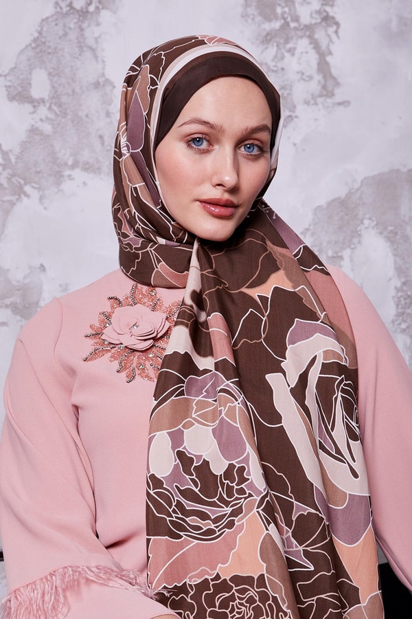 LevidorKahve Çiçek Desen Royal Şal