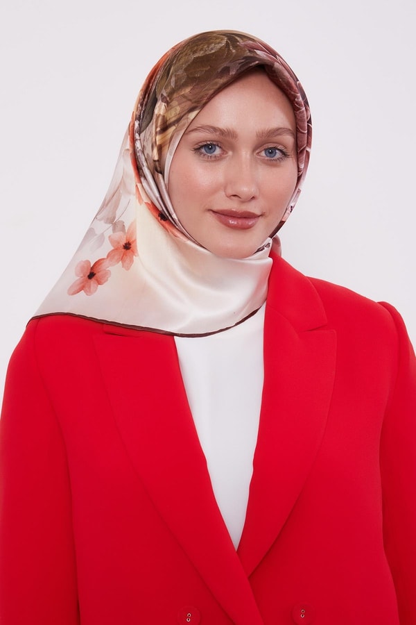 LevidorKahve Çiçek Desen Sura İpek Eşarp