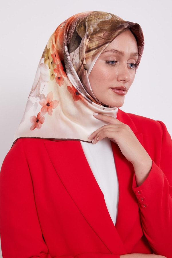 LevidorKahve Çiçek Desen Sura İpek Eşarp