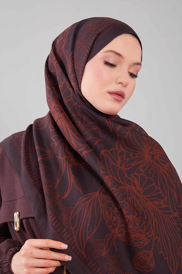 LevidorKahve Çiçek Desenli Yün İpek Şal