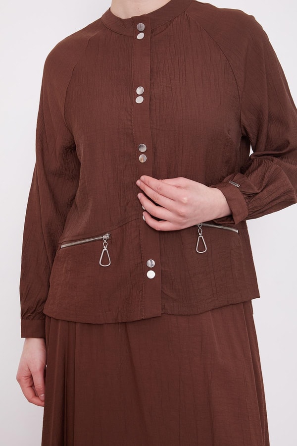 LevidorKahve Çift Düğme Detaylı Etekli Takım