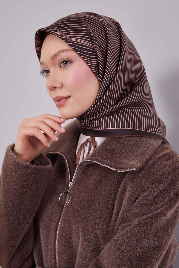 LevidorKahve Çizgi Desen Twill İpek Eşarp