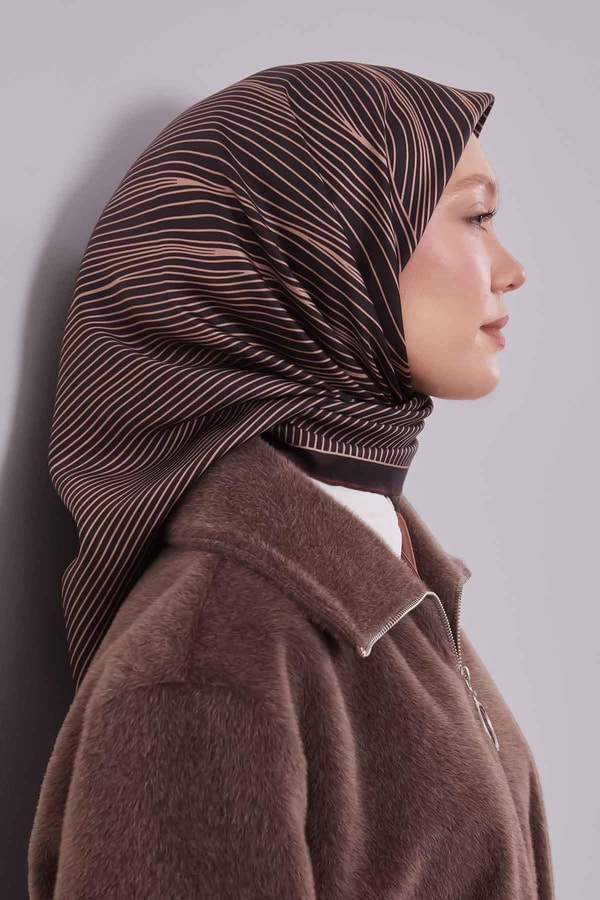 LevidorKahve Çizgi Desen Twill İpek Eşarp