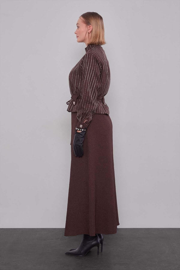 LevidorKahve Çizgili Desen Kuşaklı Etek Takım