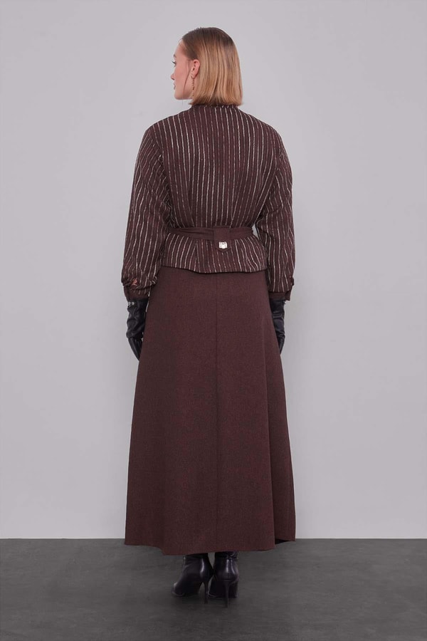 LevidorKahve Çizgili Desen Kuşaklı Etek Takım