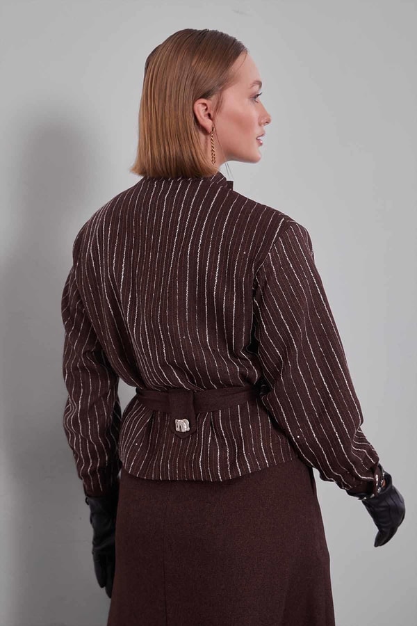 LevidorKahve Çizgili Desen Kuşaklı Etek Takım