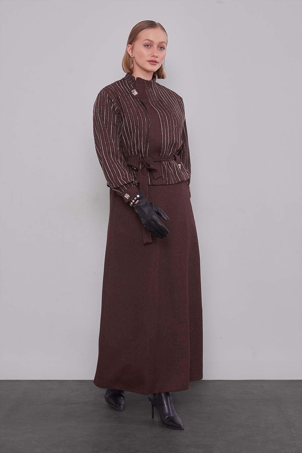 LevidorKahve Çizgili Desen Kuşaklı Etek Takım