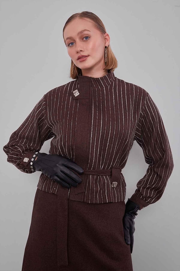 LevidorKahve Çizgili Desen Kuşaklı Etek Takım