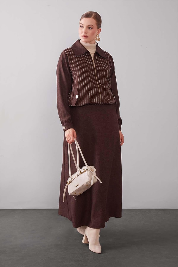 LevidorKahve Çizgili Üst Etek Takım