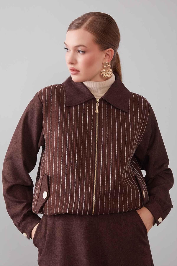 LevidorKahve Çizgili Üst Etek Takım