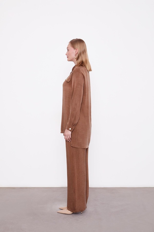 LevidorKahve Fermuar Yaka Düğme Cep Detaylı Tunik Takım