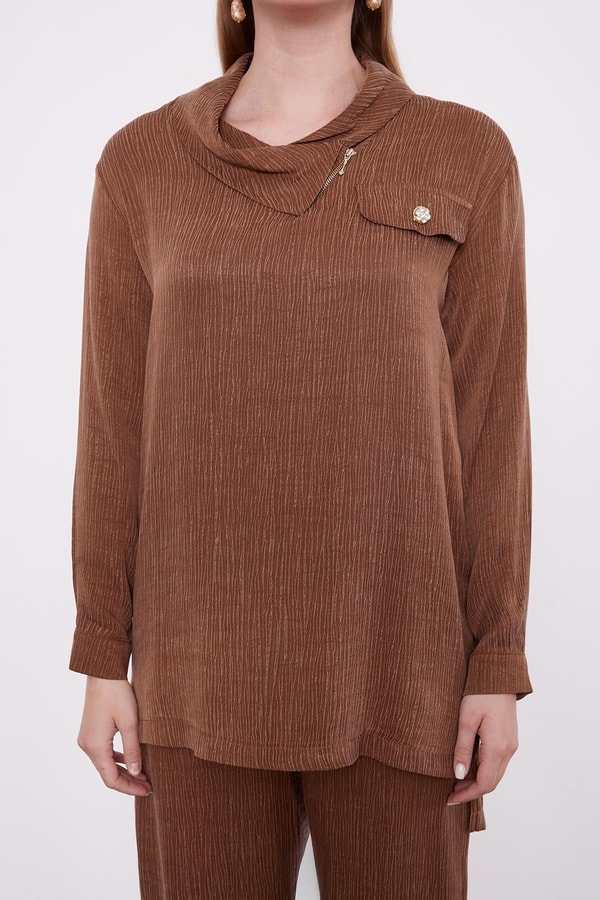 LevidorKahve Fermuar Yaka Düğme Cep Detaylı Tunik Takım