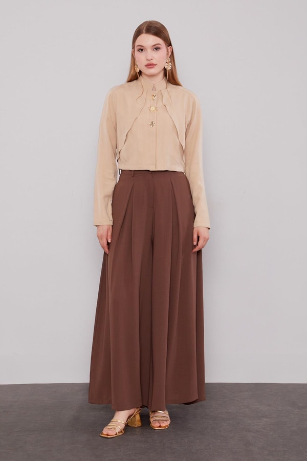LevidorKahve Geniş Paça Piliseli Pantolon Etek