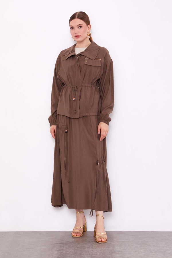 LevidorKahve Gizli Fermuar Detaylı Etek Takım