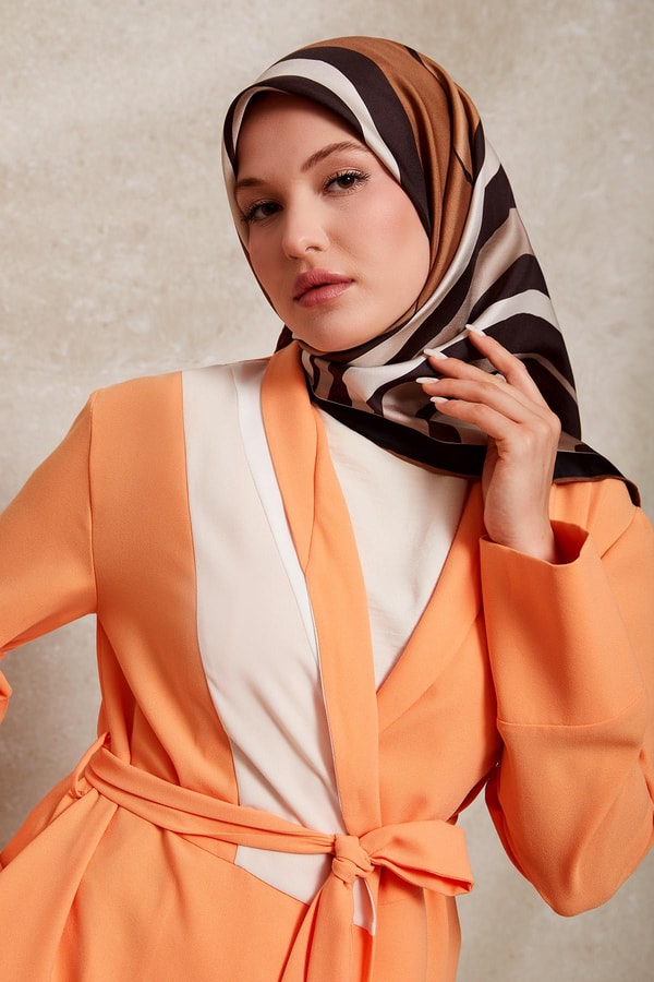 LevidorKahve Kalın Çizgili Twill İpek Eşarp