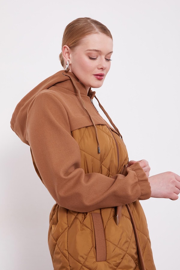 LevidorKahve Kapitone Kaşeli Kuşak Detay Mont