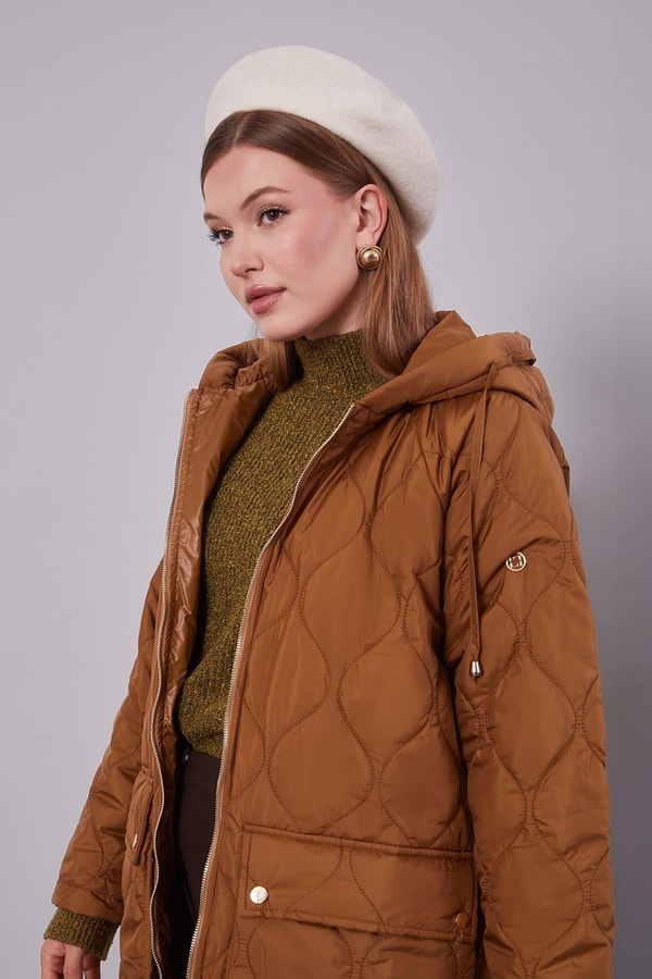 LevidorKahve Kapüşonlu Kapitone Kısa Mont