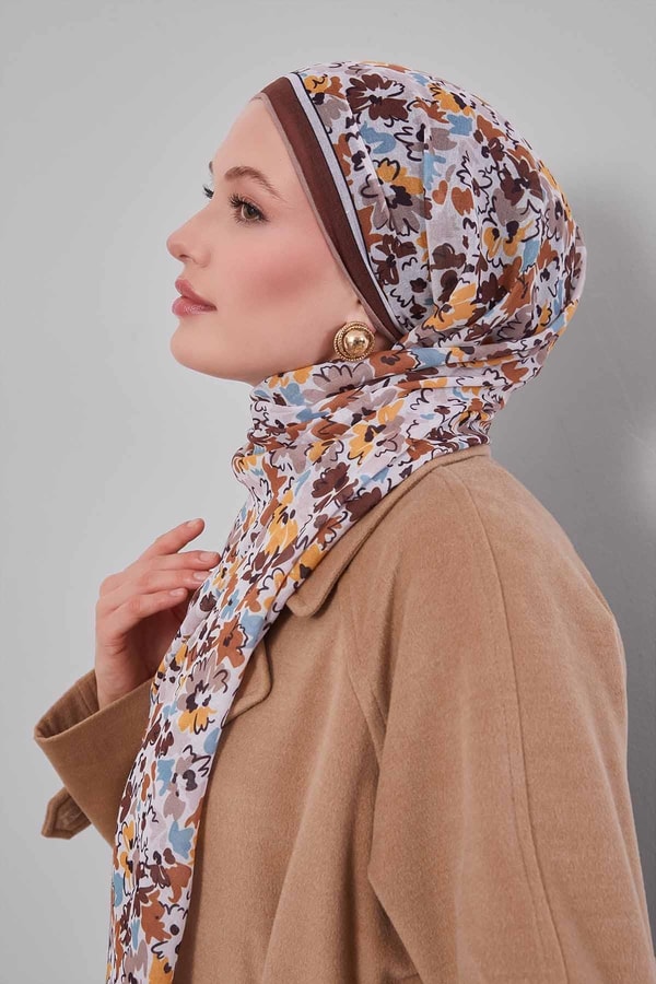 LevidorKahve Karışık Çiçek Desen Soft Eşarp
