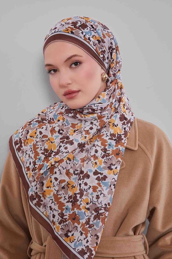 LevidorKahve Karışık Çiçek Desen Soft Eşarp