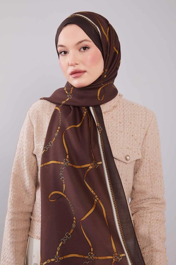 LevidorKahve Kemer Desenli Yün İpek Şal