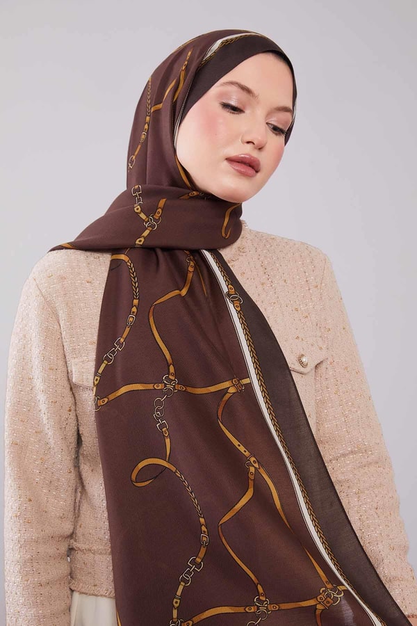 LevidorKahve Kemer Desenli Yün İpek Şal