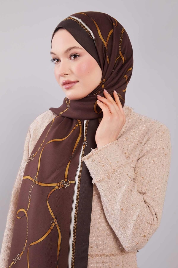 LevidorKahve Kemer Desenli Yün İpek Şal