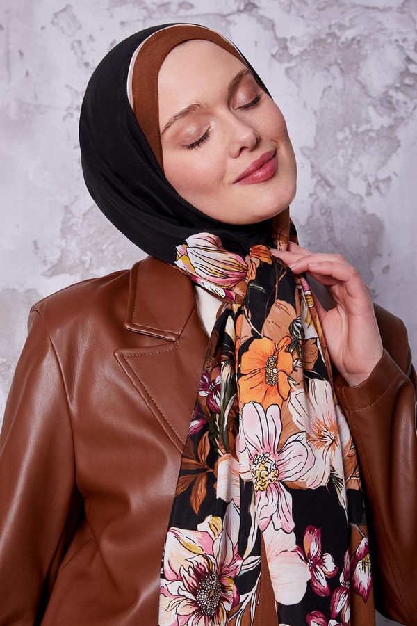 LevidorKahve Kenar Çiçek Desen Royal Şal