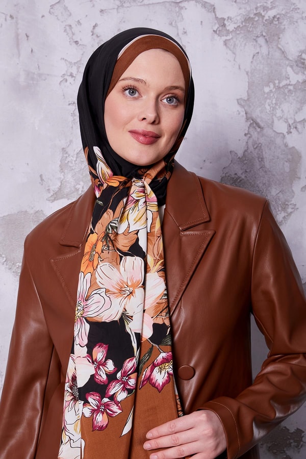 LevidorKahve Kenar Çiçek Desen Royal Şal