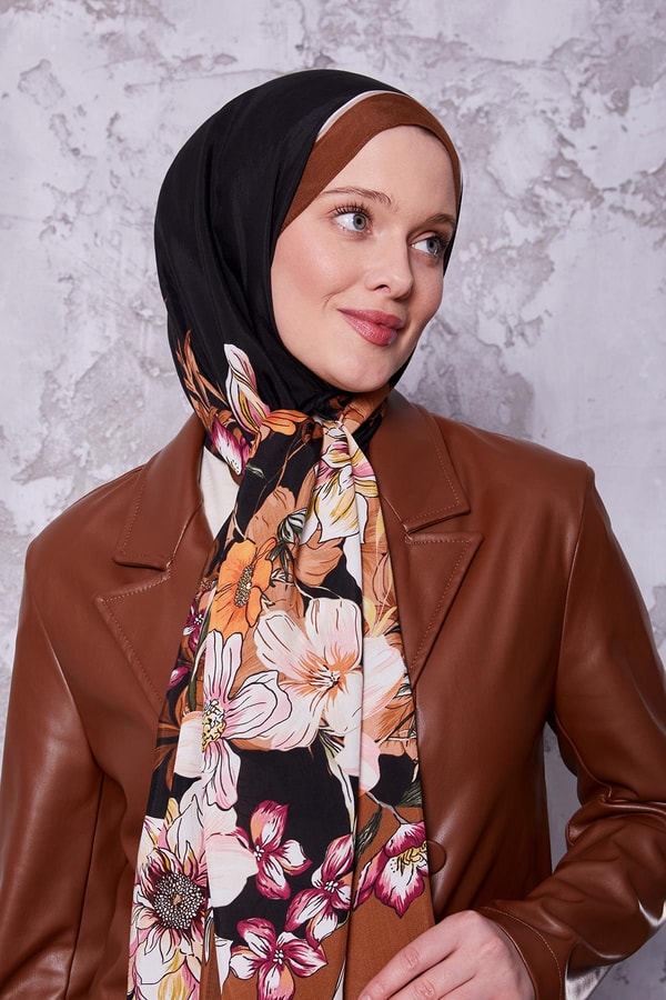 LevidorKahve Kenar Çiçek Desen Royal Şal