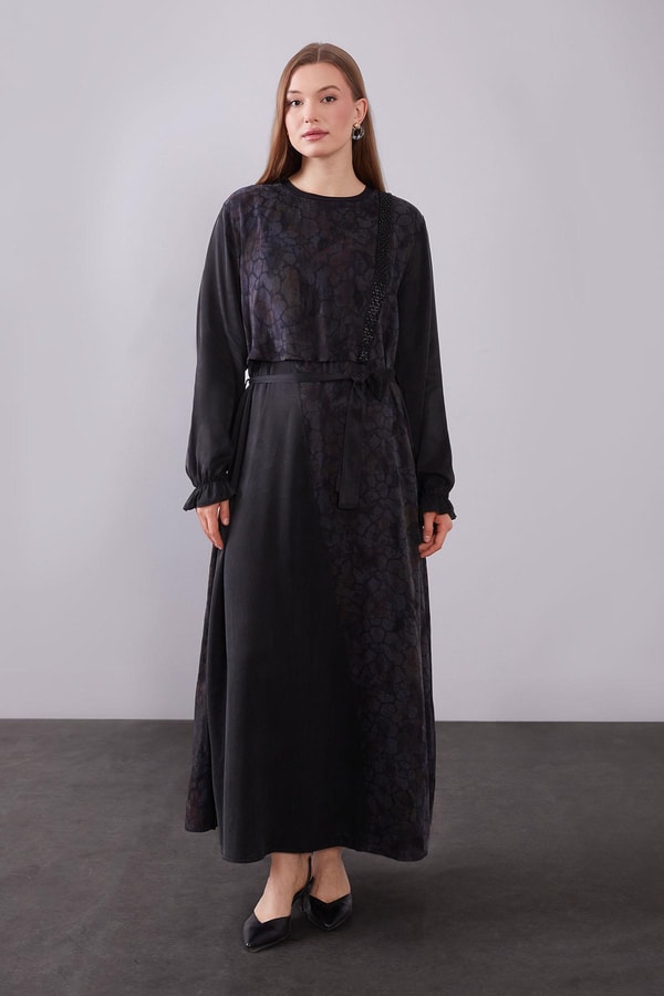 LevidorKahve Kendinden Desenli Cupra Elbise