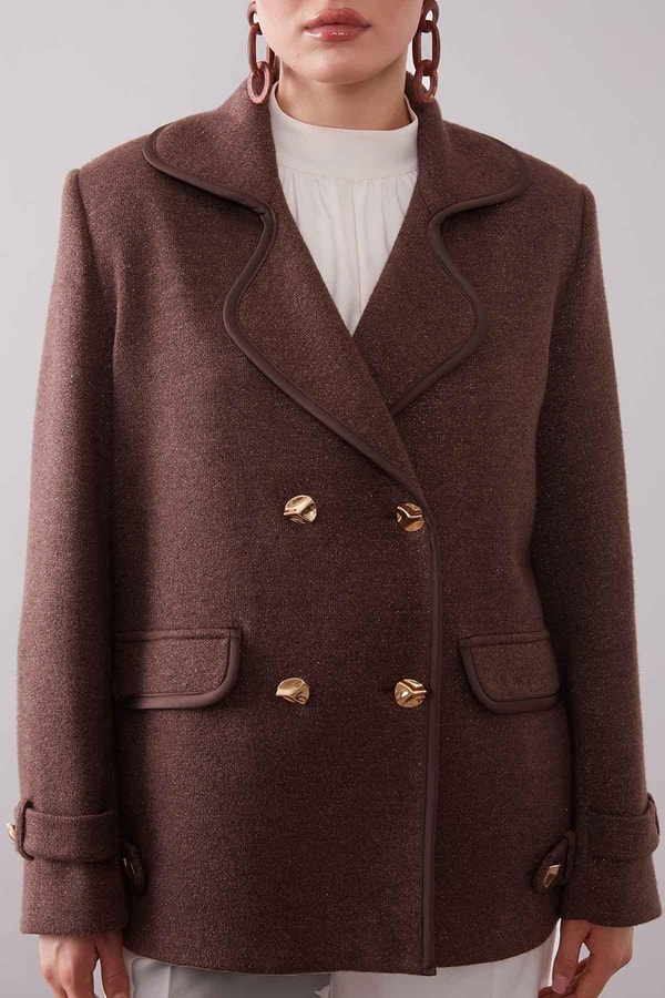 LevidorKahve Kruvaze Kenar Şeritli Kaşmir Ceket