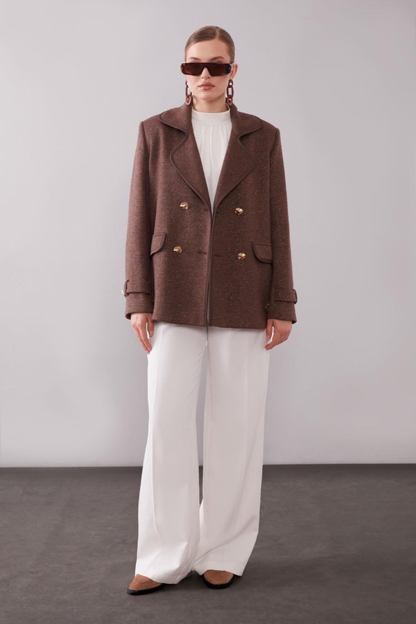 LevidorKahve Kruvaze Kenar Şeritli Kaşmir Ceket