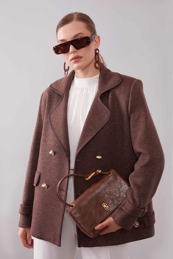 LevidorKahve Kruvaze Kenar Şeritli Kaşmir Ceket