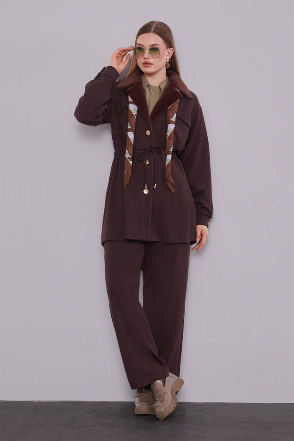 LevidorKahve Kruvaze Kürk Yakalı İkili Takım