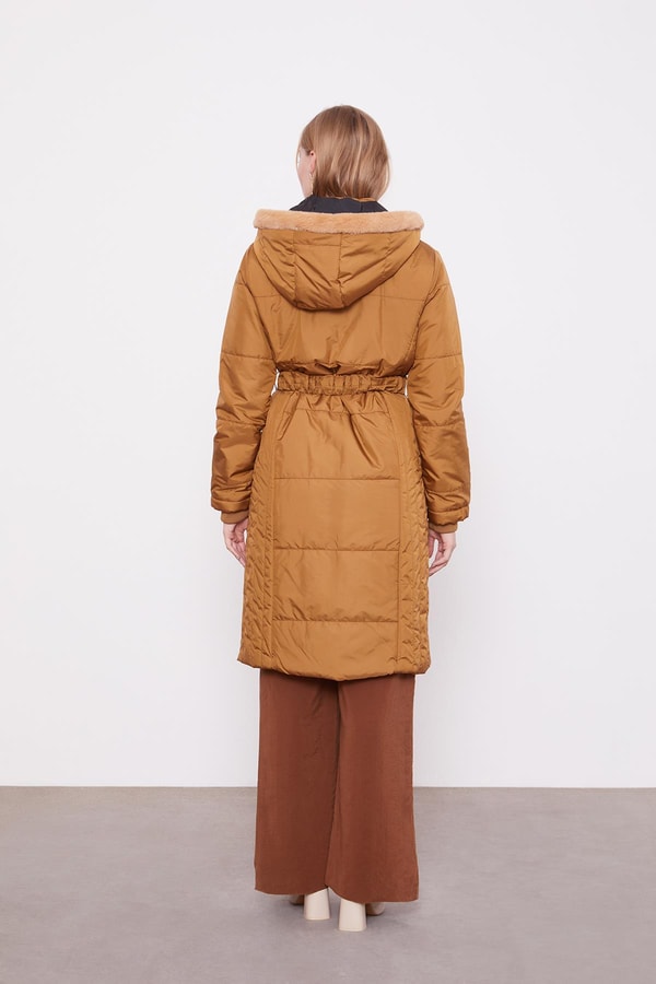 LevidorKahve Kürk Şapkalı Şişme Mont