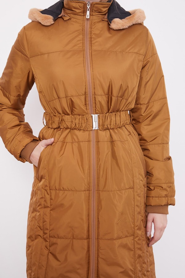 LevidorKahve Kürk Şapkalı Şişme Mont