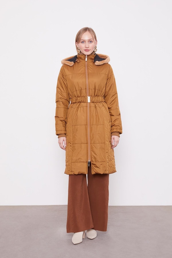 LevidorKahve Kürk Şapkalı Şişme Mont