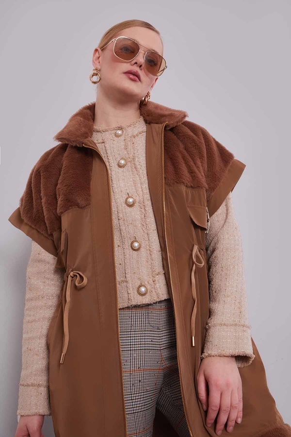 LevidorKahve Kürk Yakalı Yelek