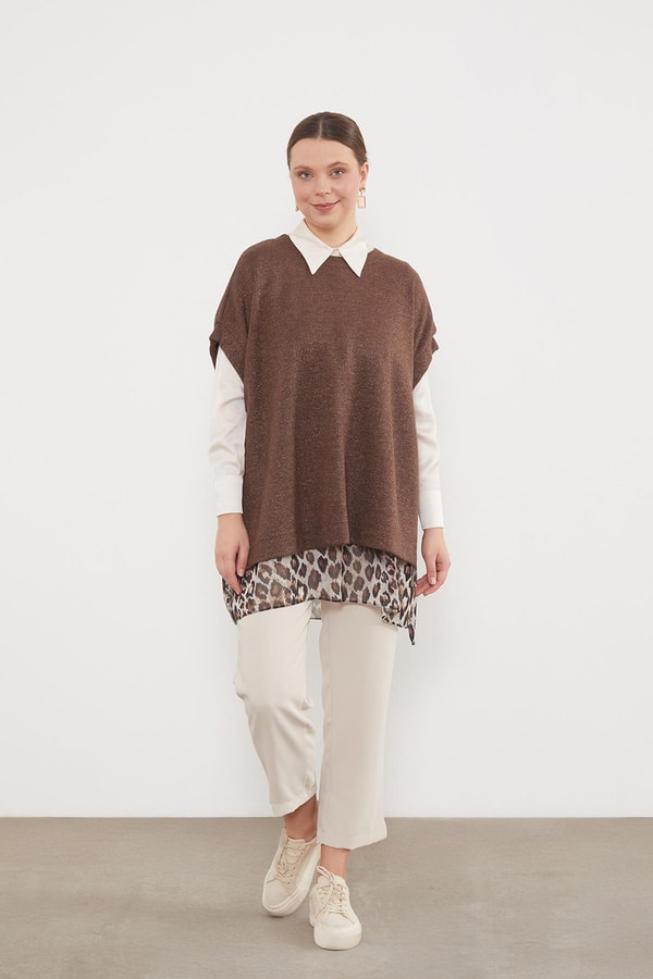 LevidorKahve Leopar Tül Detaylı Tunik