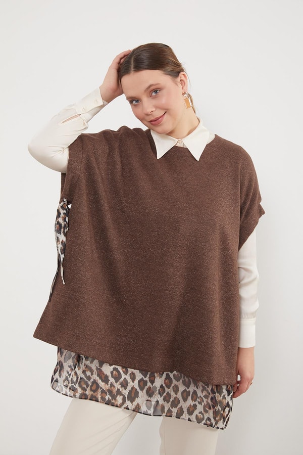 LevidorKahve Leopar Tül Detaylı Tunik