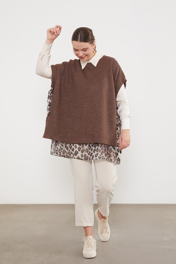 LevidorKahve Leopar Tül Detaylı Tunik