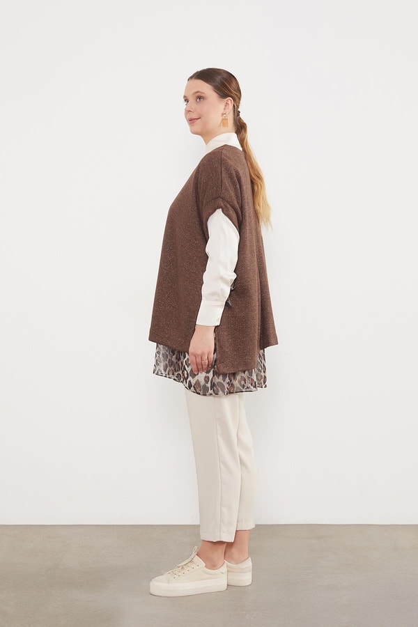 LevidorKahve Leopar Tül Detaylı Tunik
