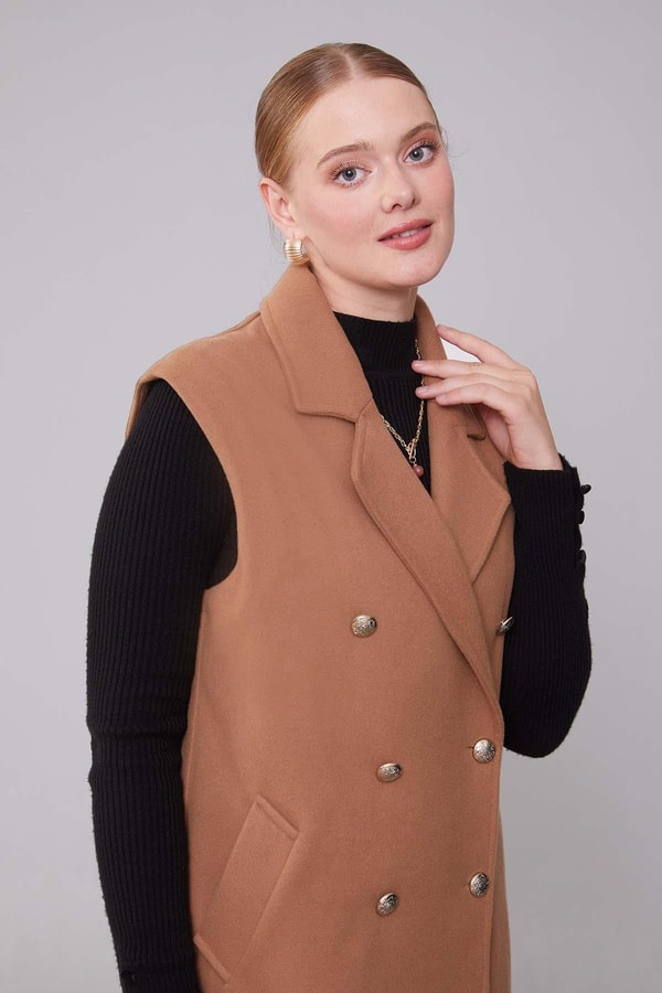 LevidorKahve Maxi Boy Kaşe Yelek