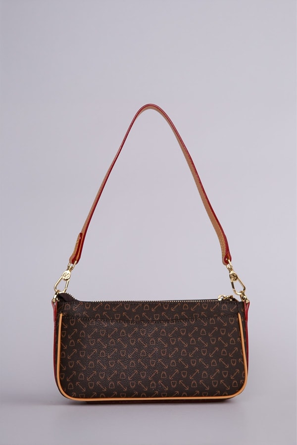 LevidorKahve Monogram Desenli Baget Omuz Çantası