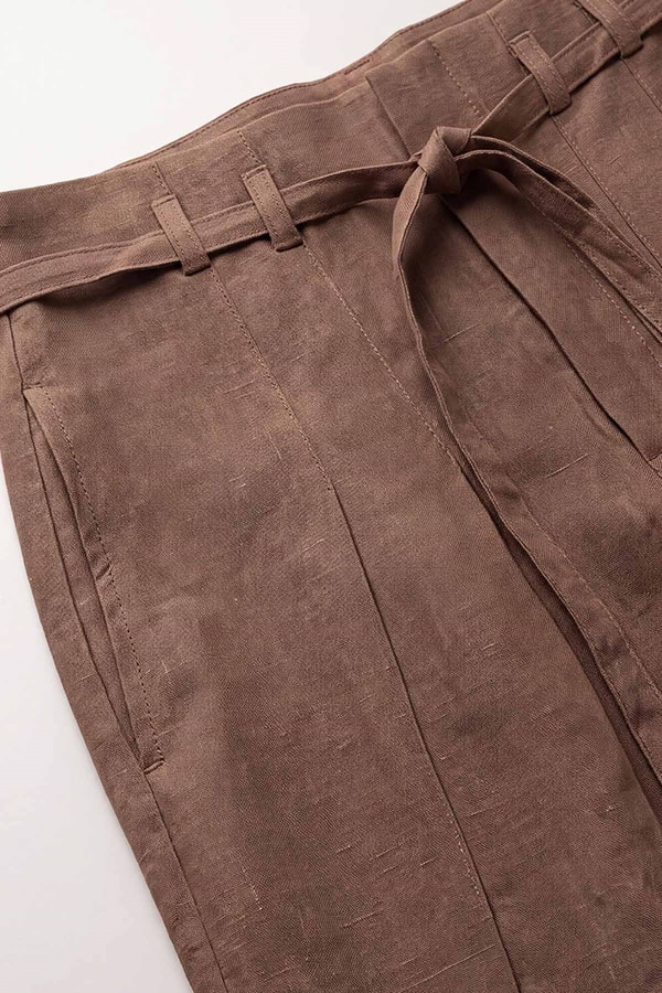 LevidorKahve Pile Detaylı Keten Pantolon